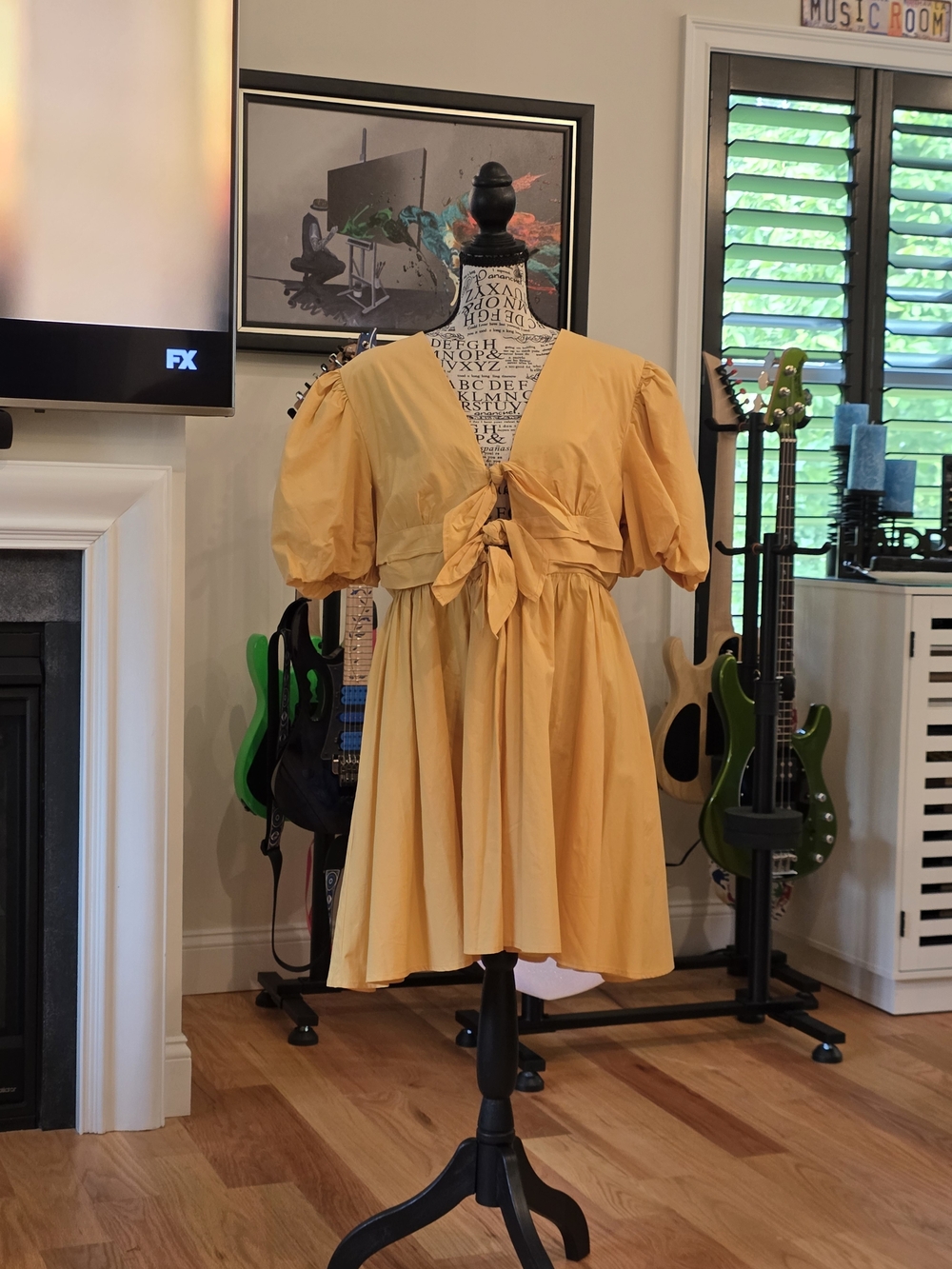 Yellow Puff Sleeve Cutout Mini Dress